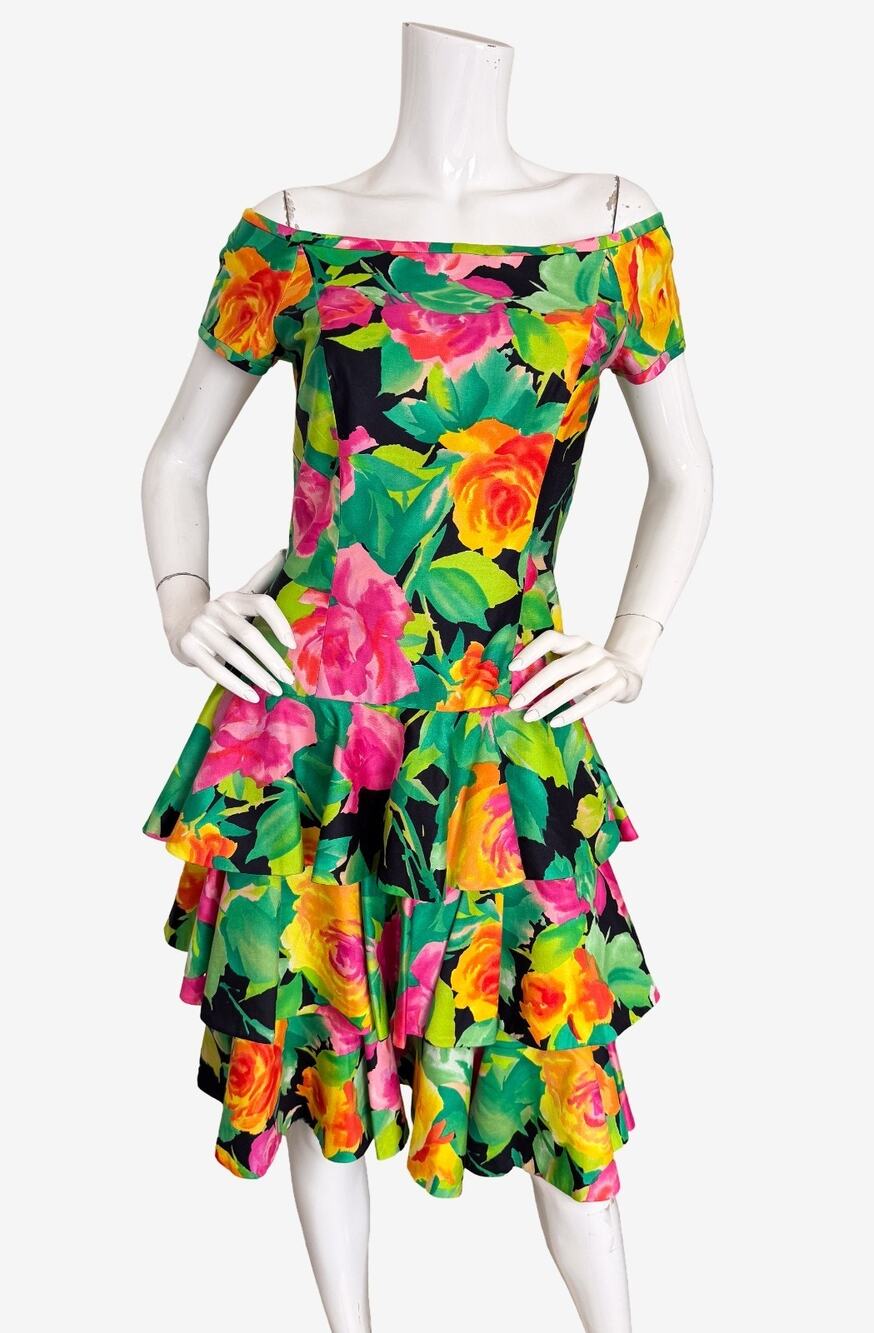Vintage 1980s Saks Fifth Avenue Floral Cotton Tiered Off Shoulder Party Dress 8